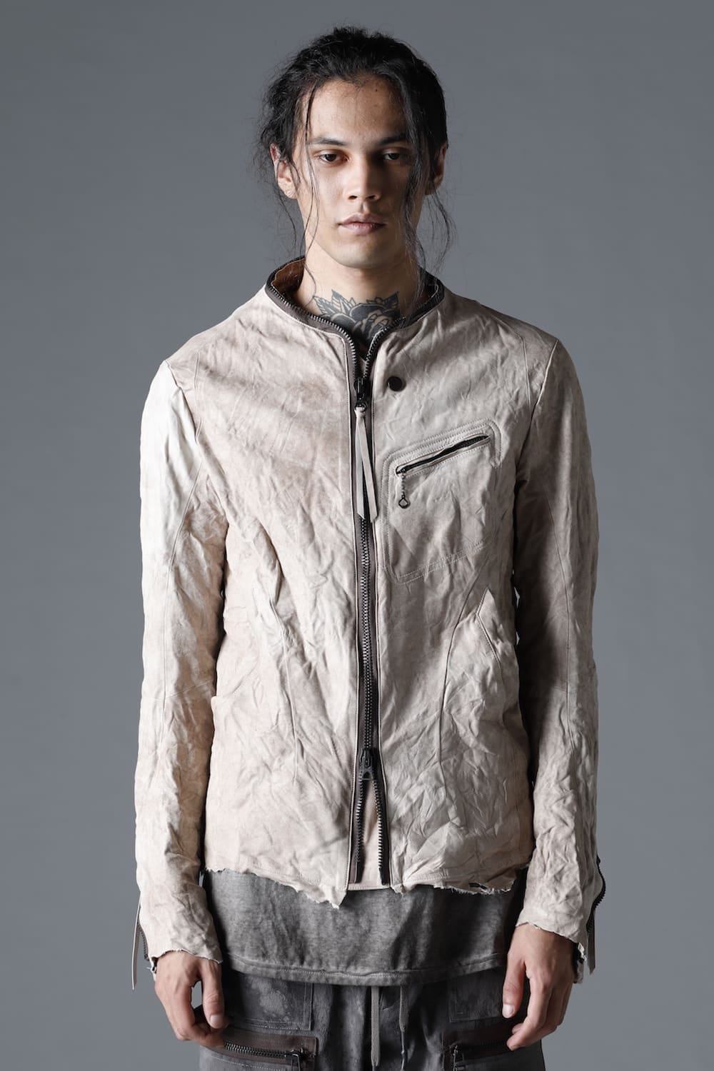 Rough Edge Horse Leather No Collar Jacket  Mud White