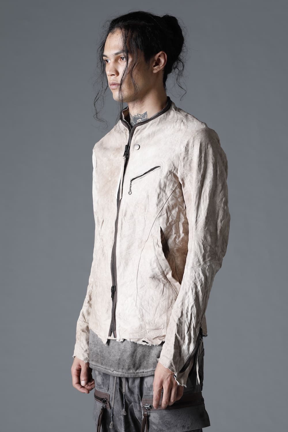 Rough Edge Horse Leather No Collar Jacket  Mud White