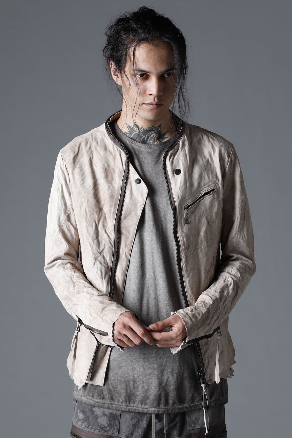 Rough Edge Horse Leather No Collar Jacket  Mud White