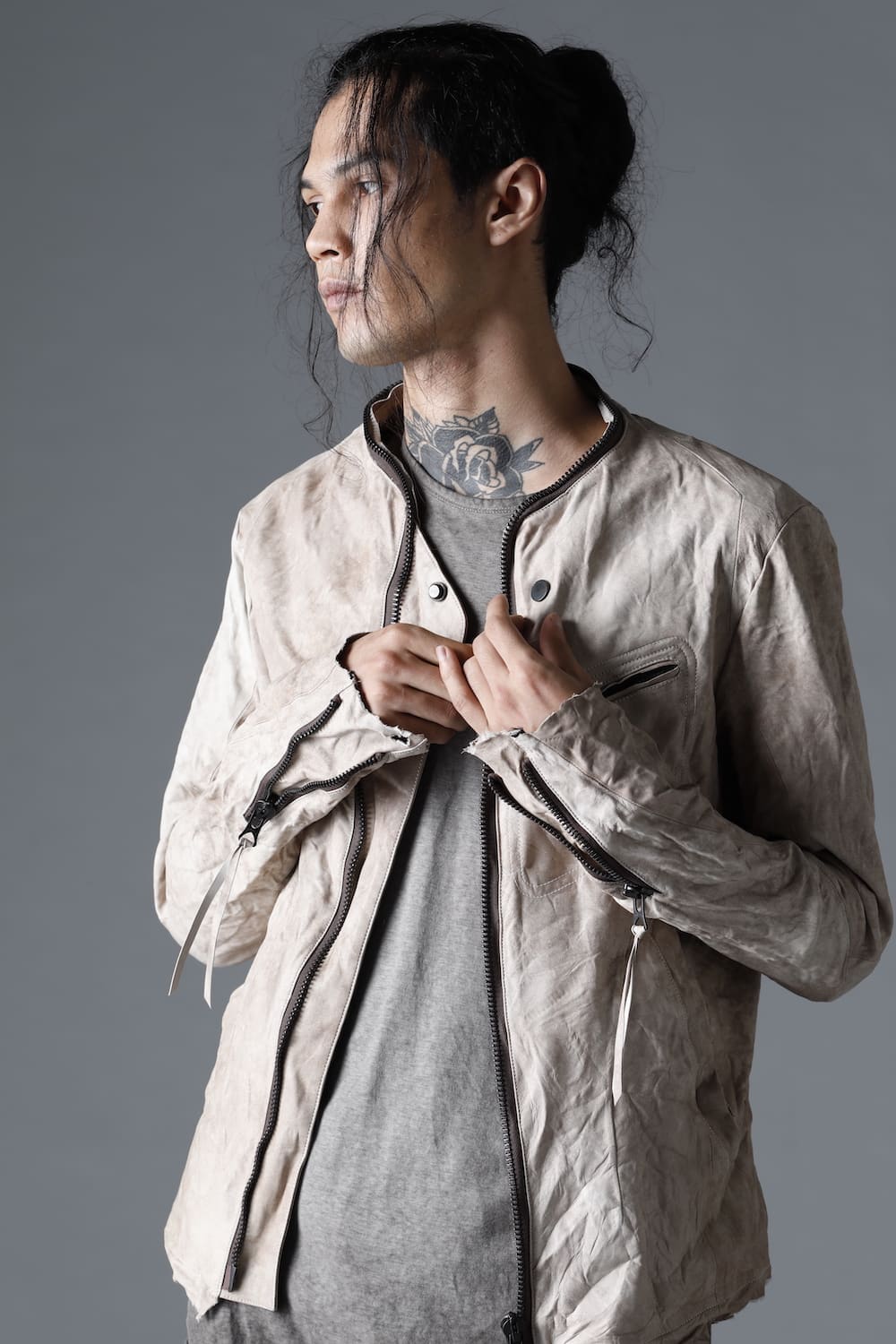 Rough Edge Horse Leather No Collar Jacket  Mud White