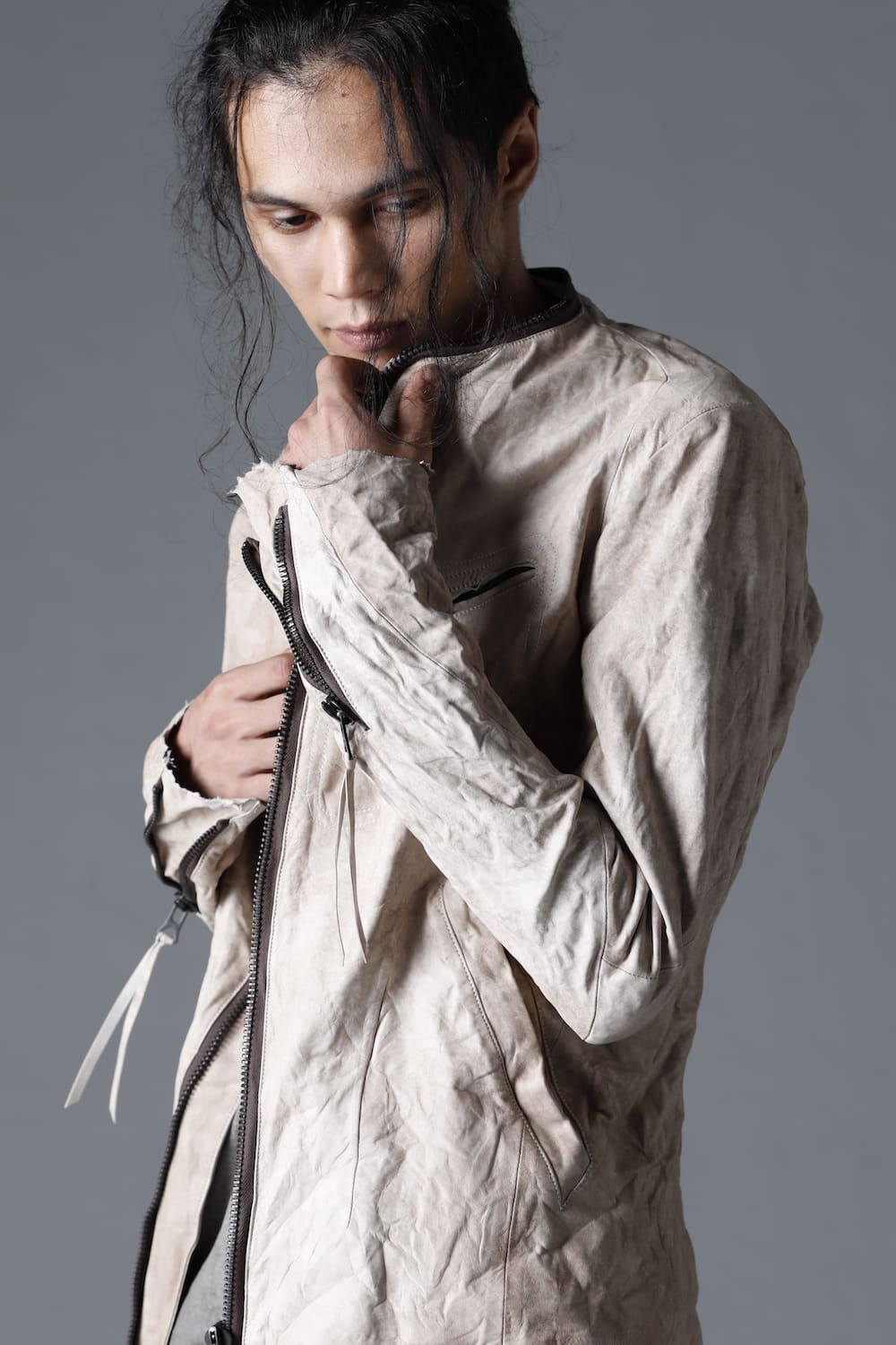 Rough Edge Horse Leather No Collar Jacket  Mud White