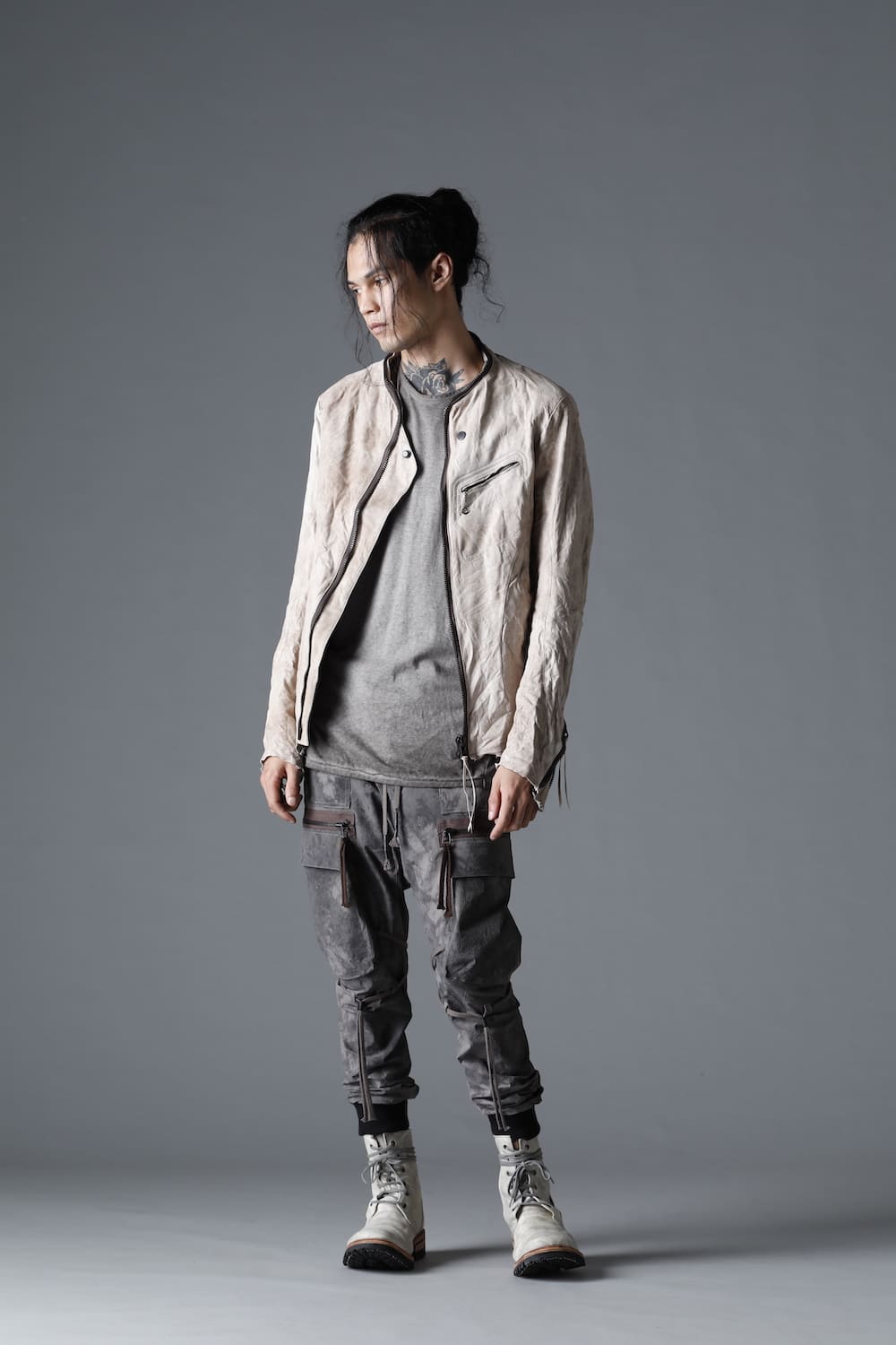 Rough Edge Horse Leather No Collar Jacket  Mud White