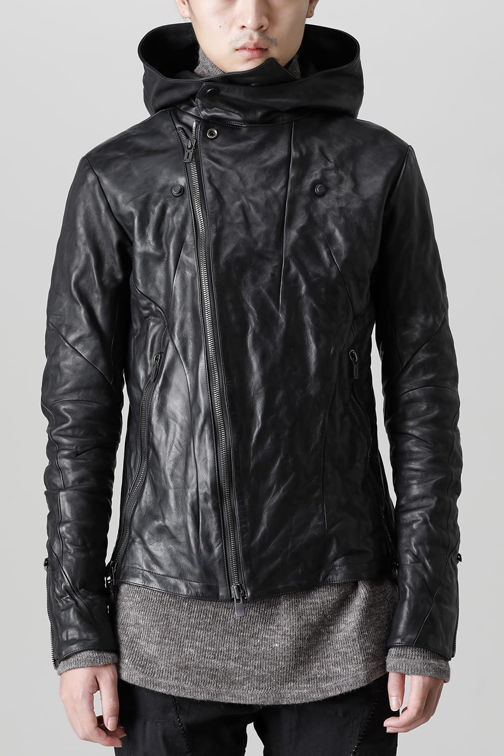 Horse Leather Hooded Double-Riders Jacket Black