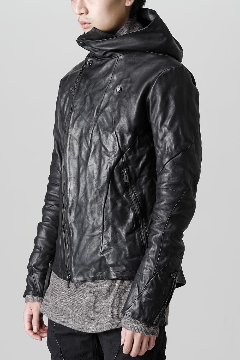 Horse Leather Hooded Double-Riders Jacket Black