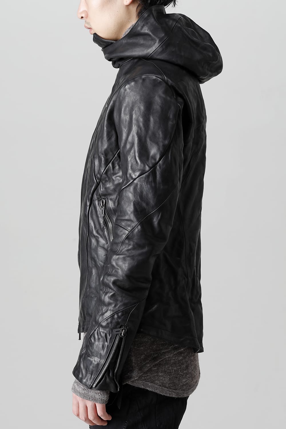 Horse Leather Hooded Double-Riders Jacket Black