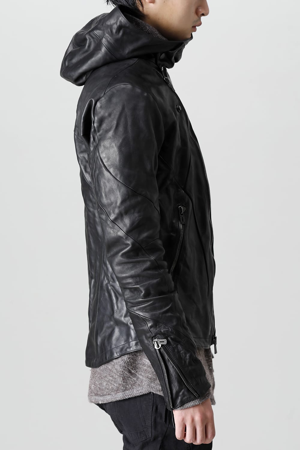 Horse Leather Hooded Double-Riders Jacket Black