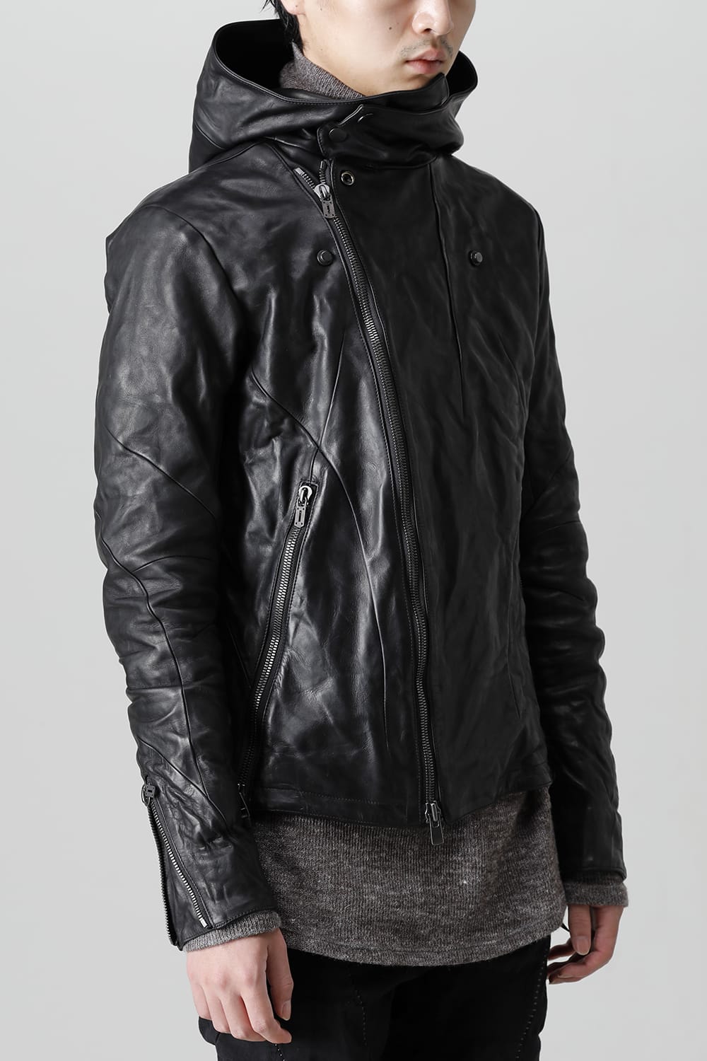 Horse Leather Hooded Double-Riders Jacket Black