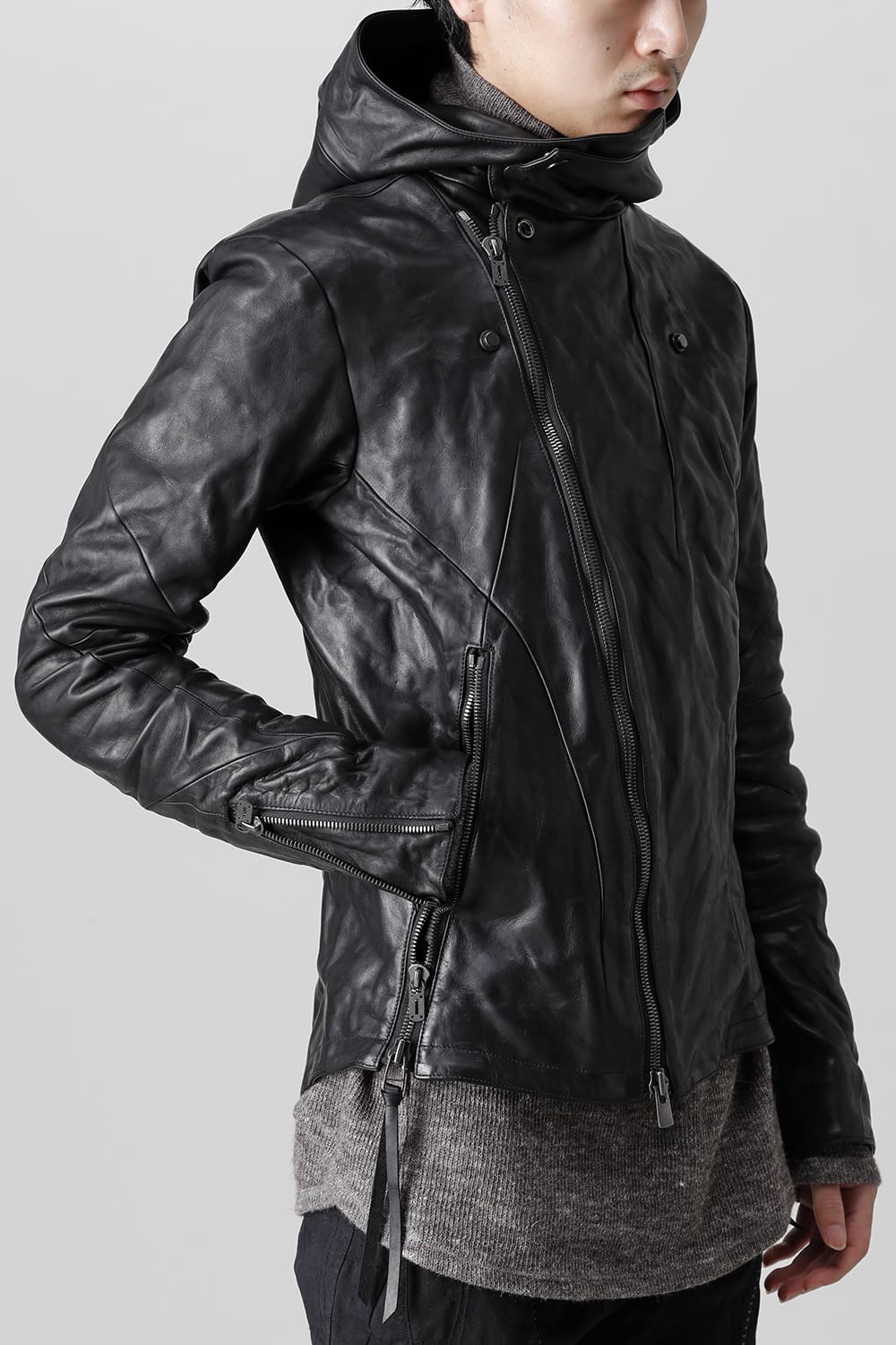 Horse Leather Hooded Double-Riders Jacket Black