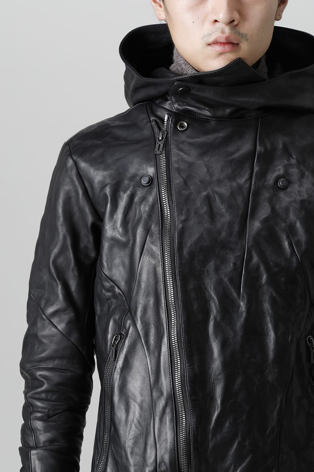 Horse Leather Hooded Double-Riders Jacket Black