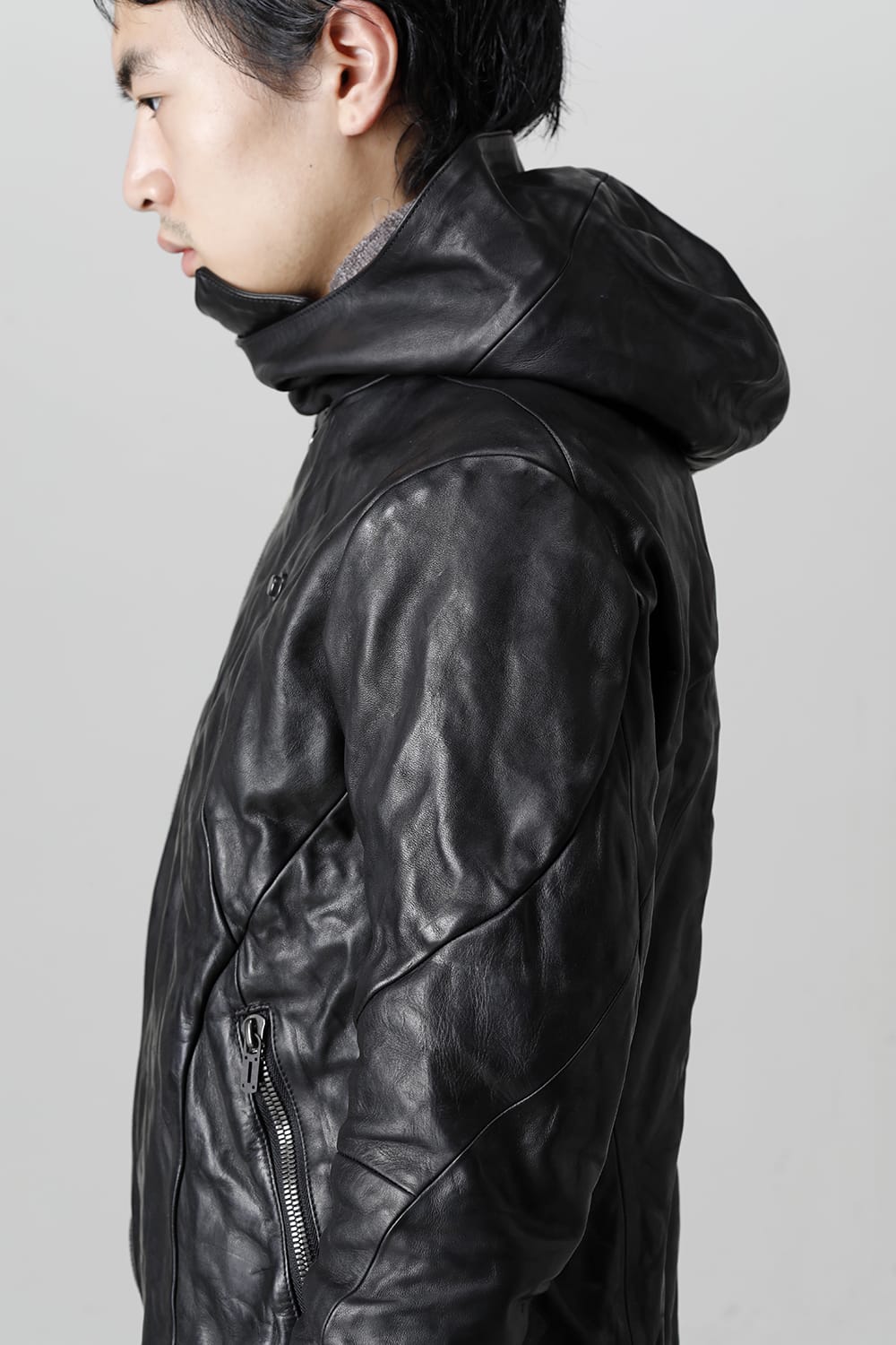 Horse Leather Hooded Double-Riders Jacket Black