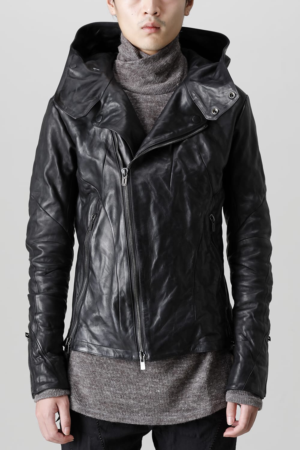 Horse Leather Hooded Double-Riders Jacket Black