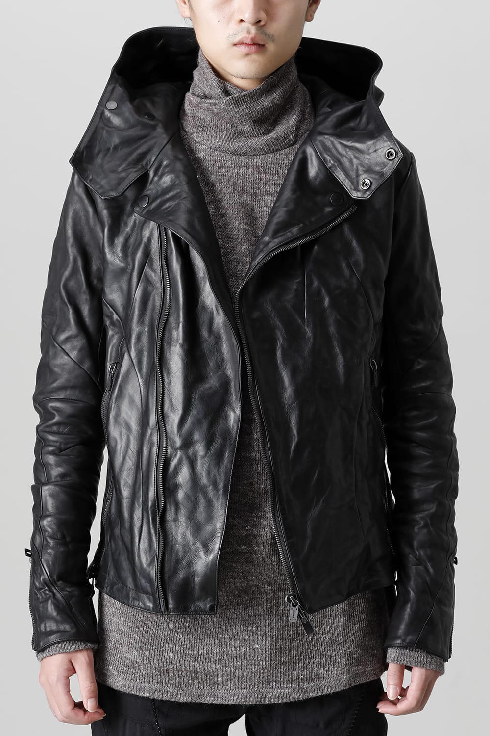 Horse Leather Hooded Double-Riders Jacket Black