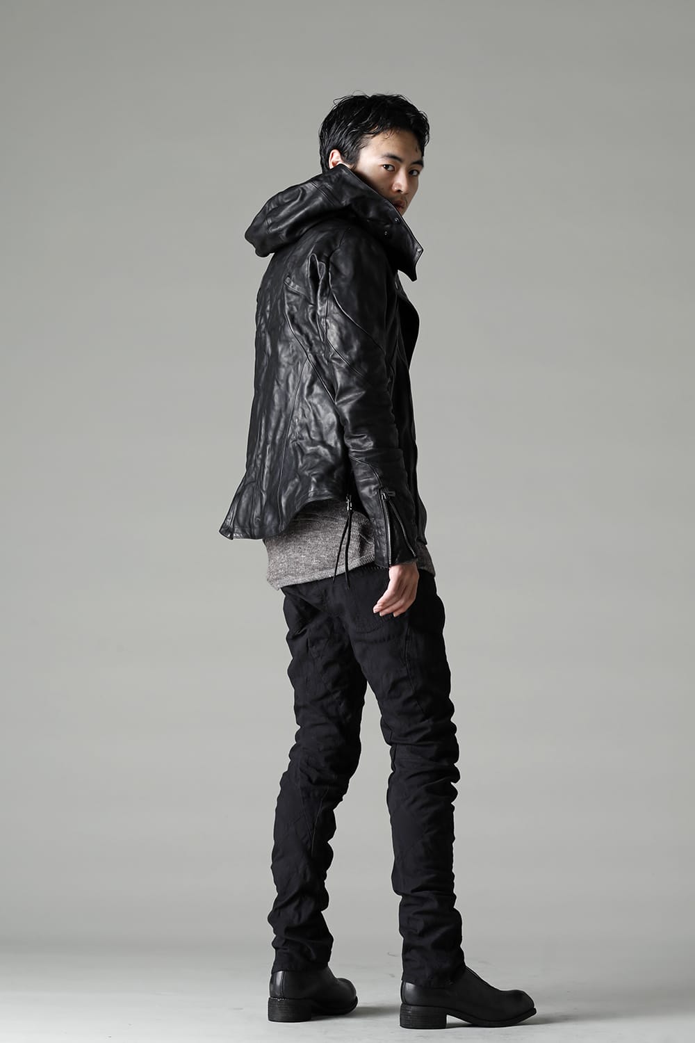 Horse Leather Hooded Double-Riders Jacket Black