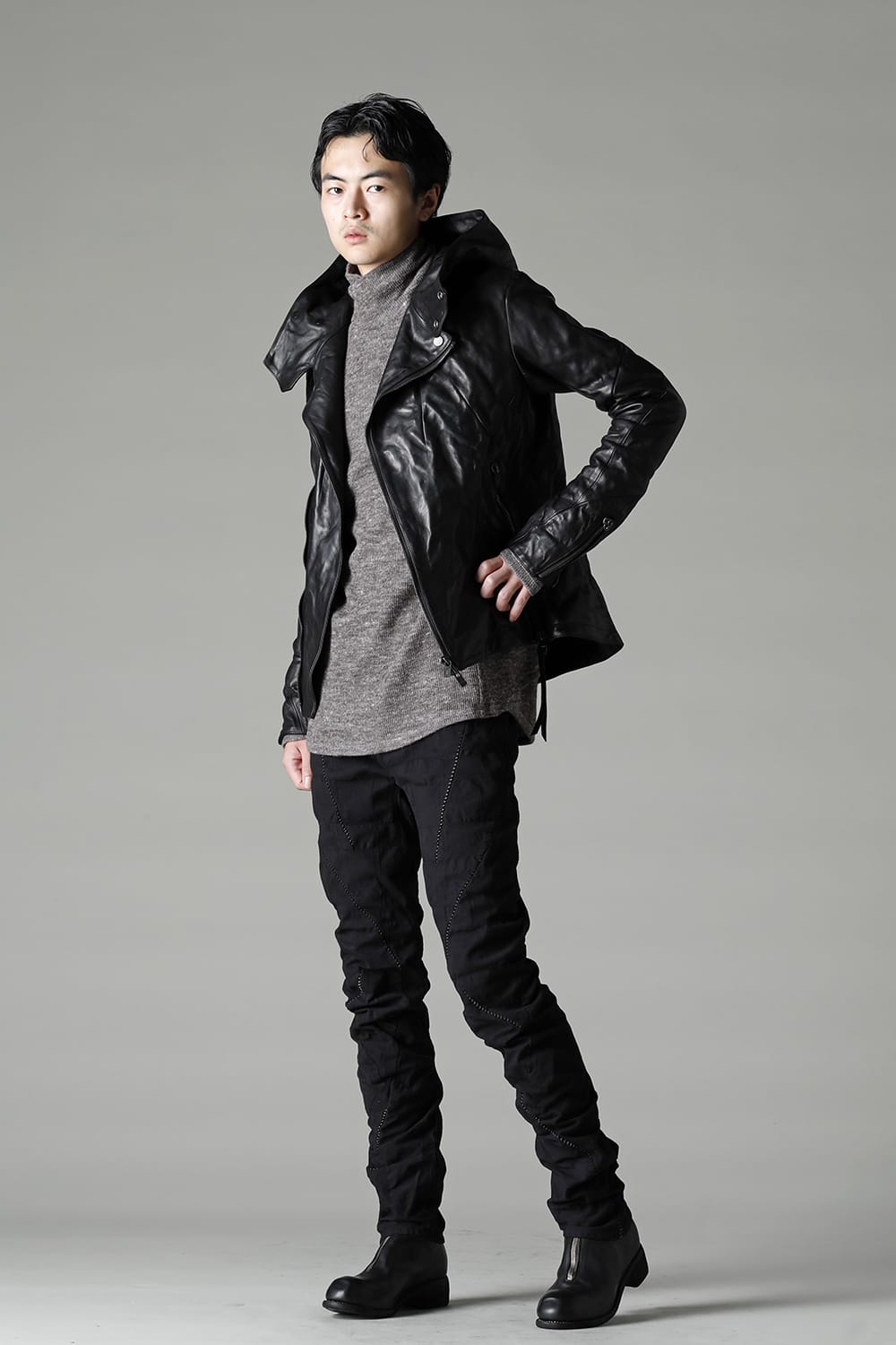 Horse Leather Hooded Double-Riders Jacket Black