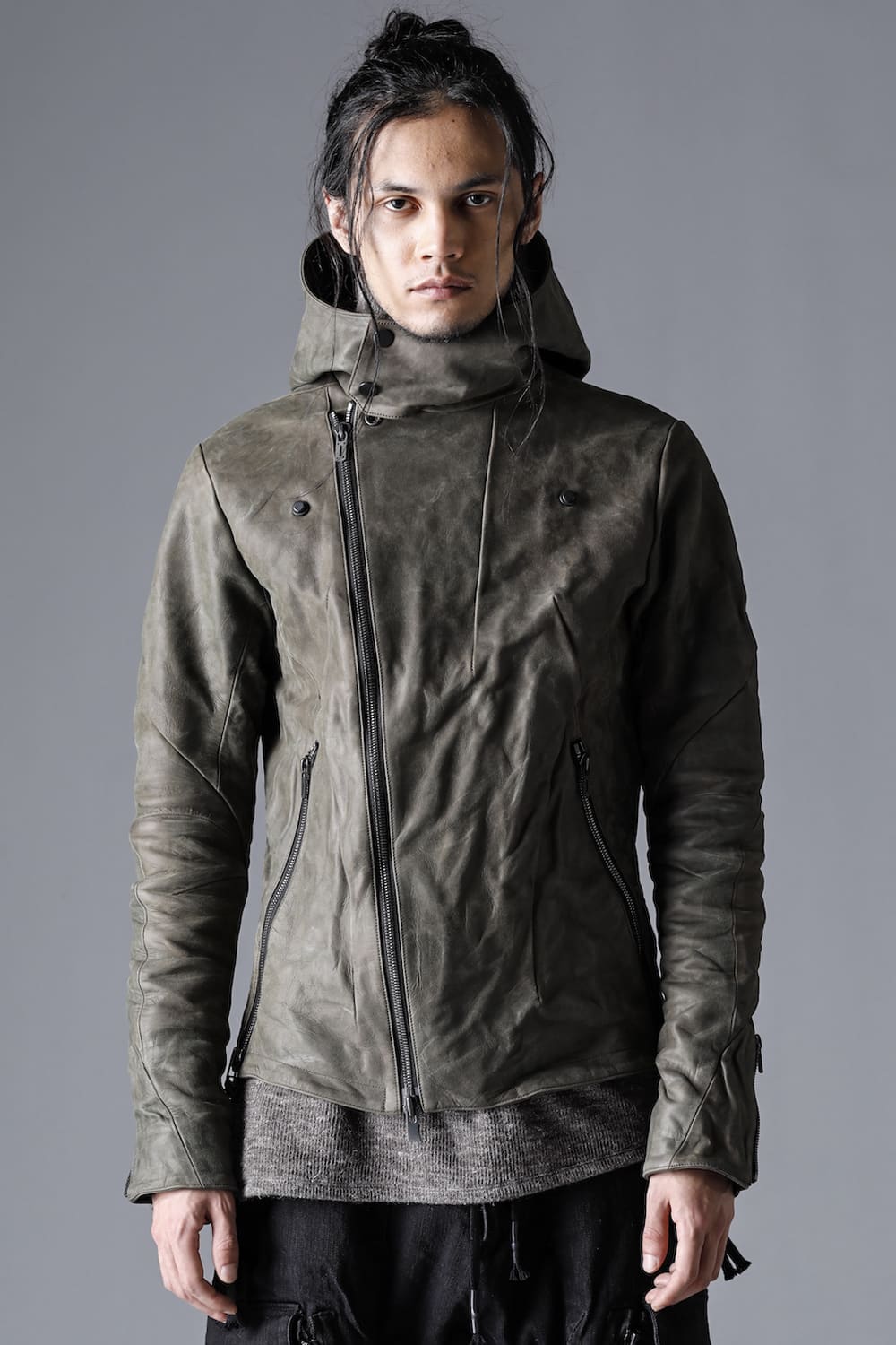 Horse Leather Hooded Double-Riders Jacket Khaki