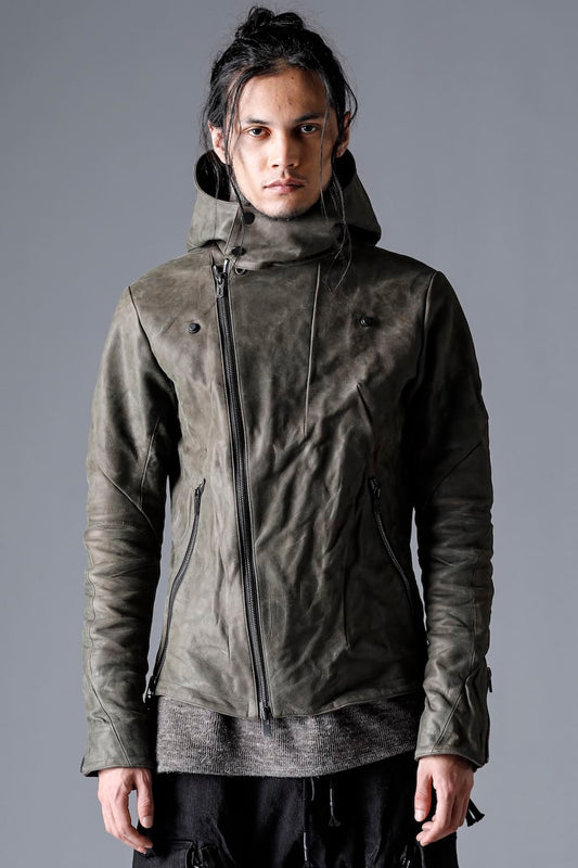 Horse Leather Hooded Double-Riders Jacket Khaki