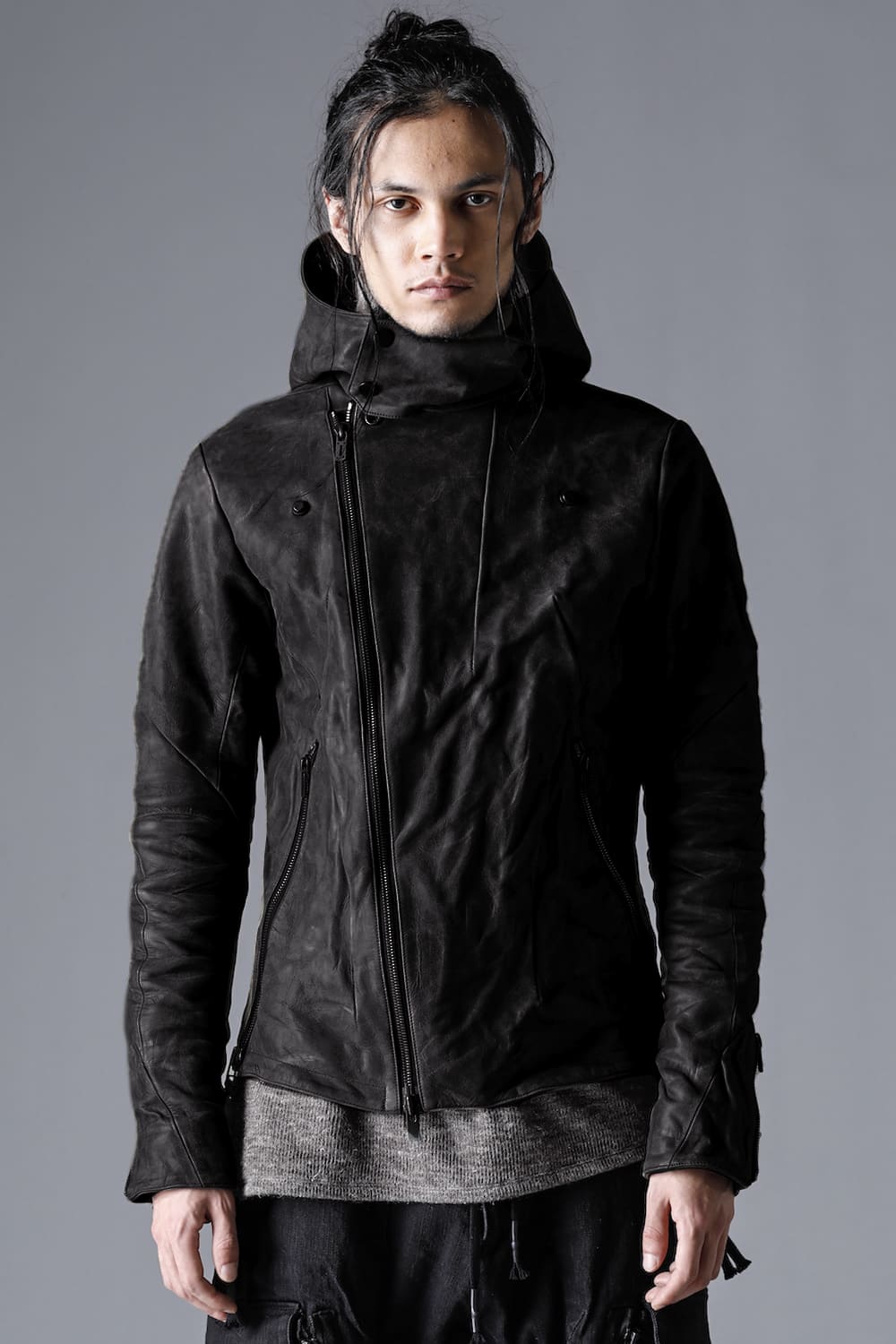 Horse Leather Hooded Double-Riders Jacket Black