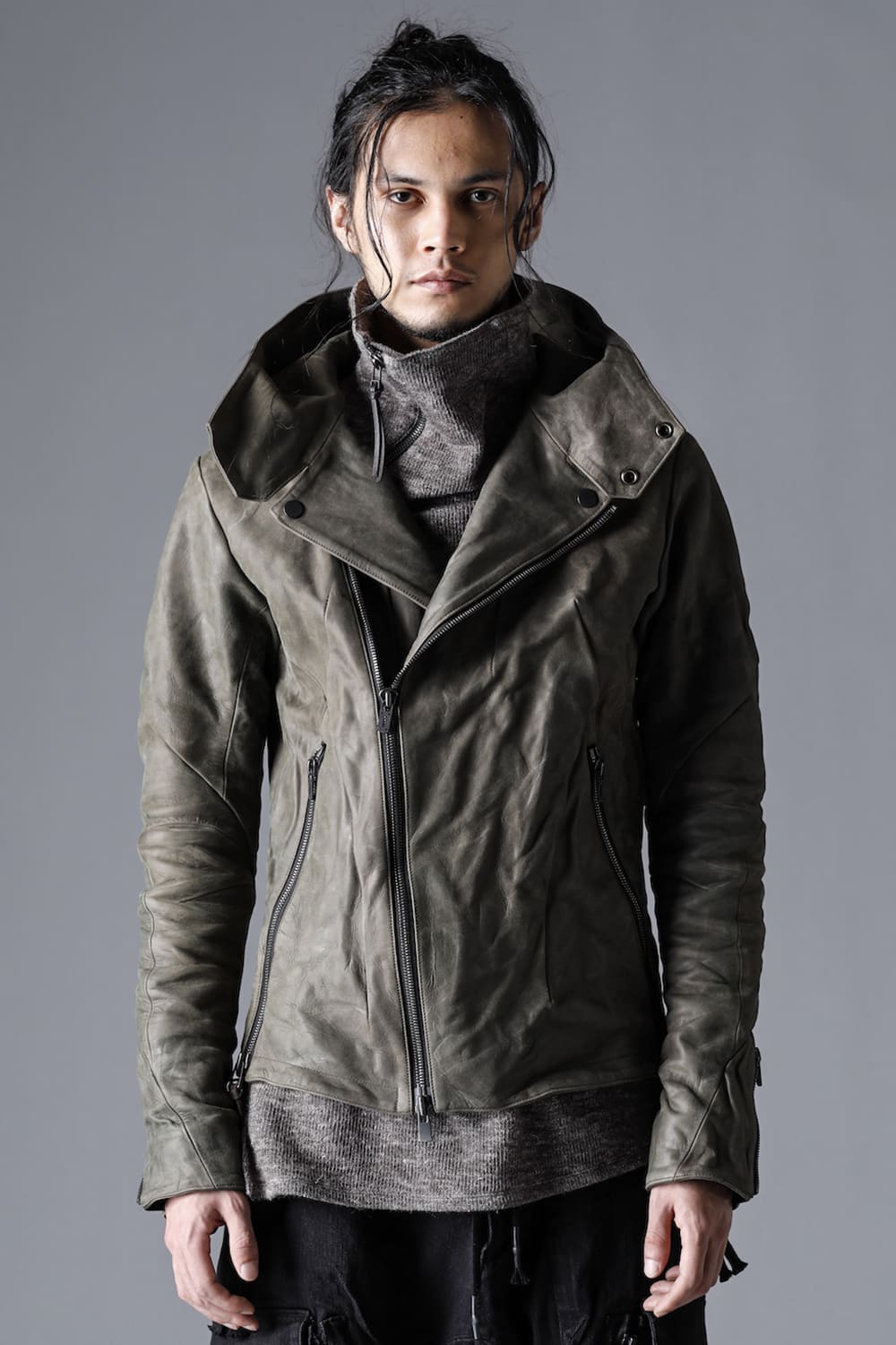 Horse Leather Hooded Double-Riders Jacket Khaki