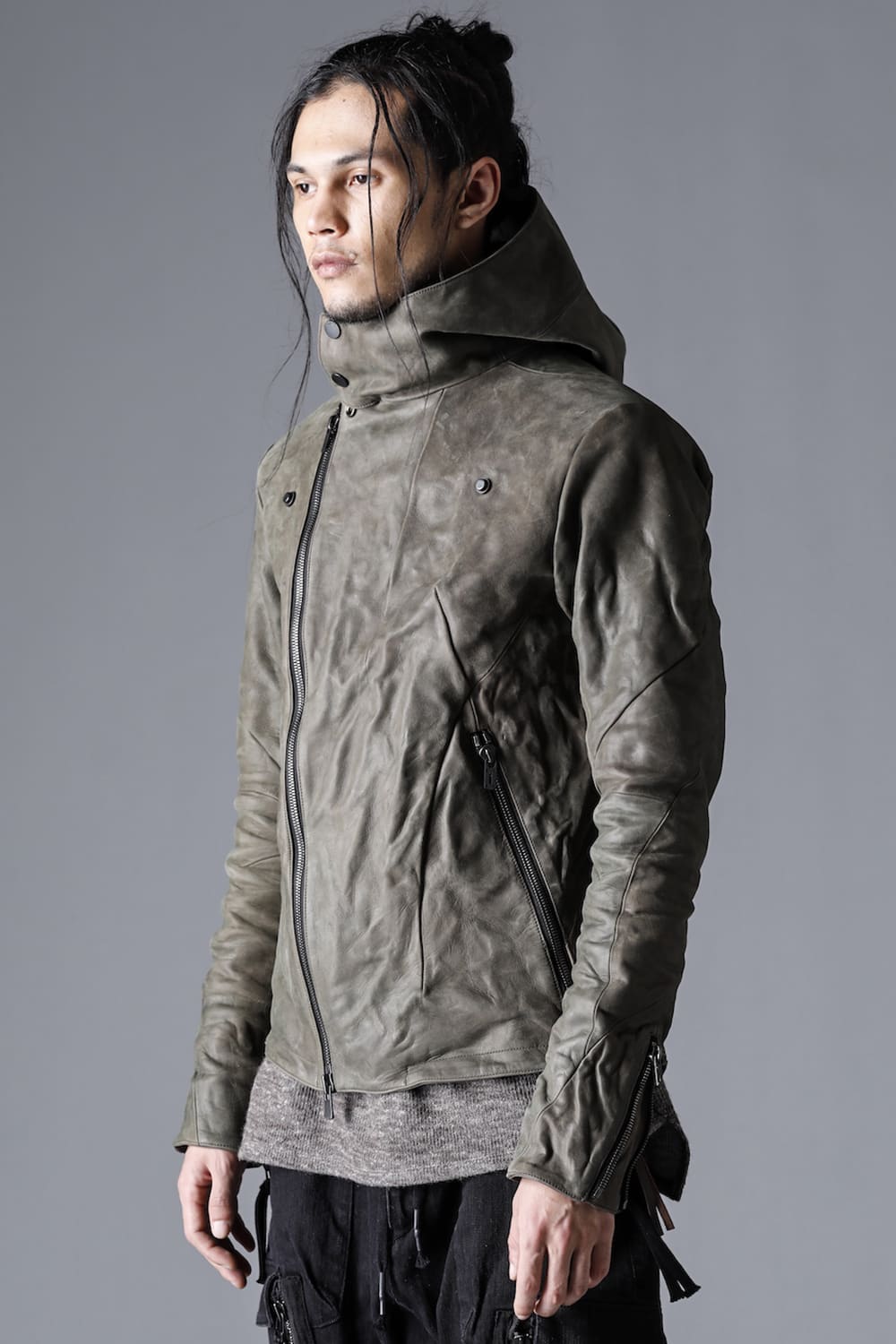 Horse Leather Hooded Double-Riders Jacket Khaki