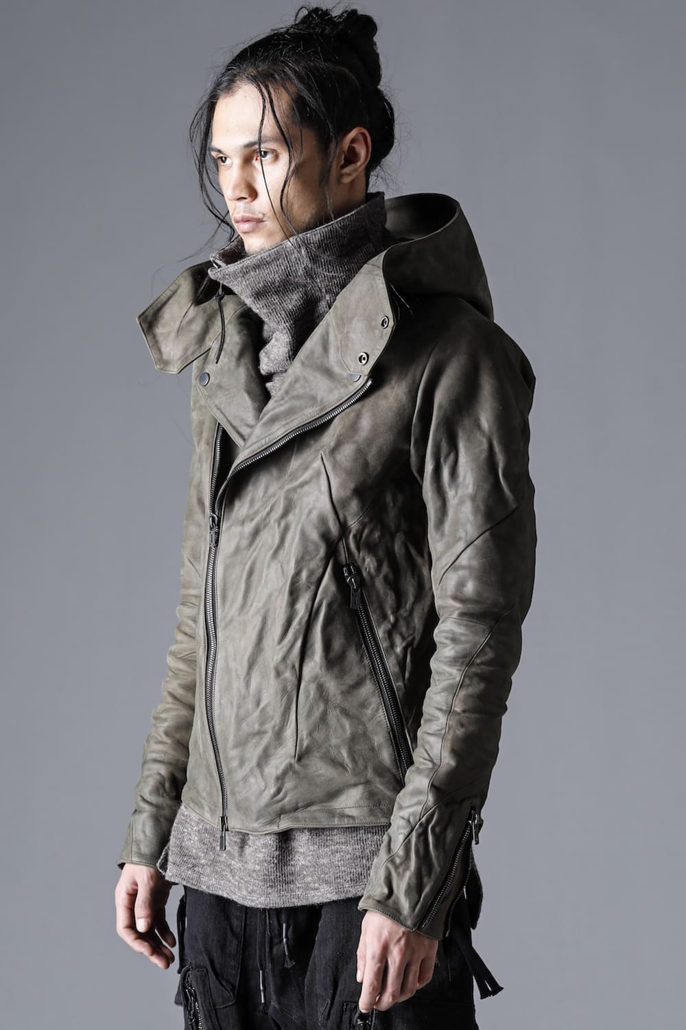Horse Leather Hooded Double-Riders Jacket Khaki