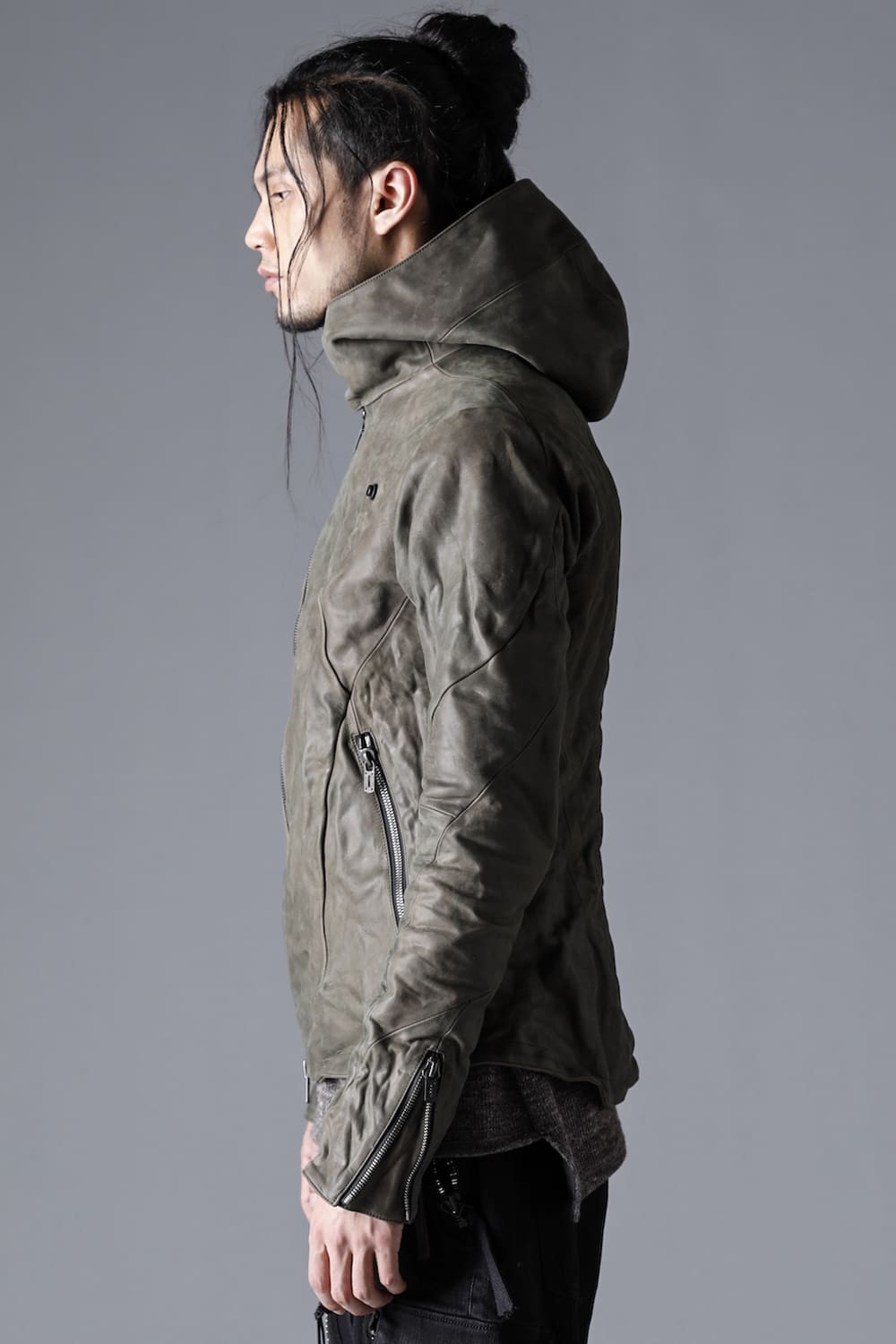 Horse Leather Hooded Double-Riders Jacket Khaki