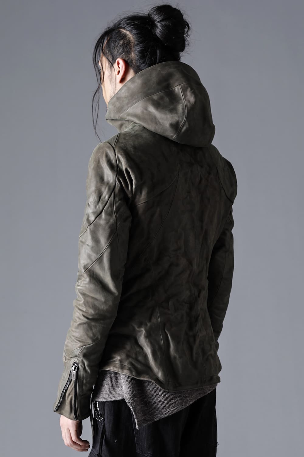 Horse Leather Hooded Double-Riders Jacket Khaki