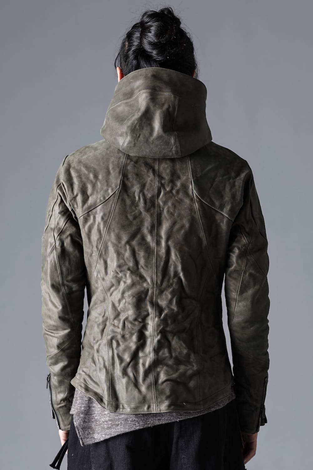 Horse Leather Hooded Double-Riders Jacket Khaki