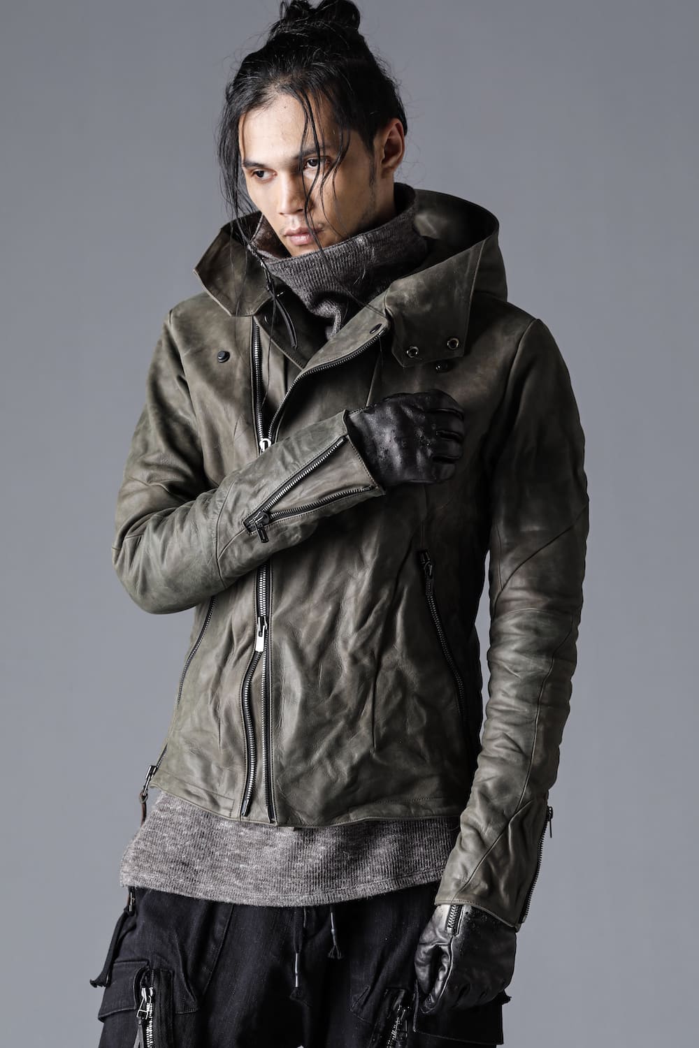 Horse Leather Hooded Double-Riders Jacket Khaki