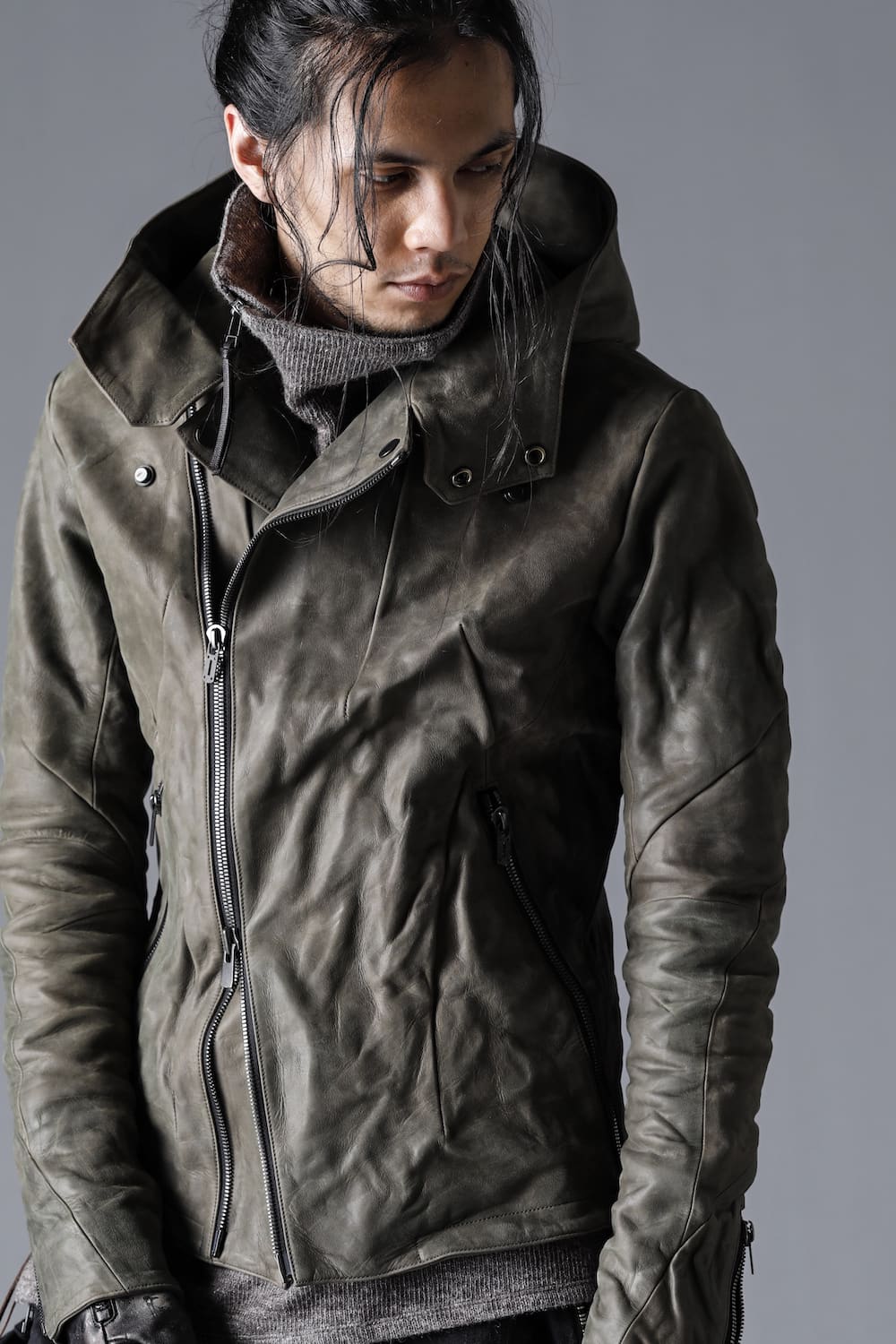 Horse Leather Hooded Double-Riders Jacket Khaki