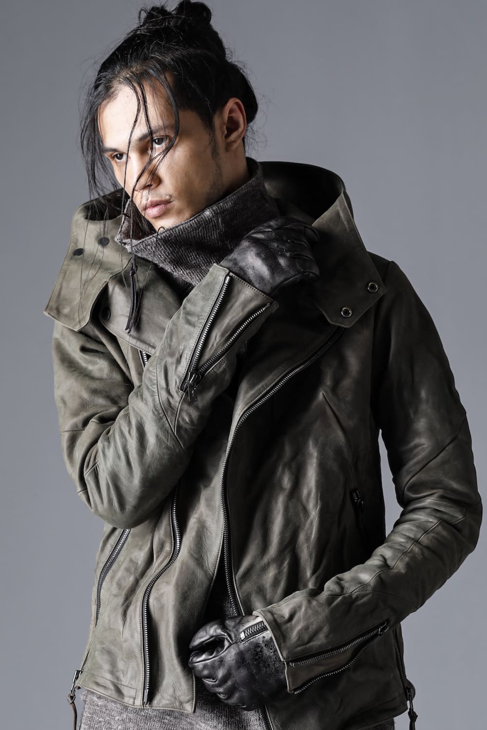 Horse Leather Hooded Double-Riders Jacket Khaki