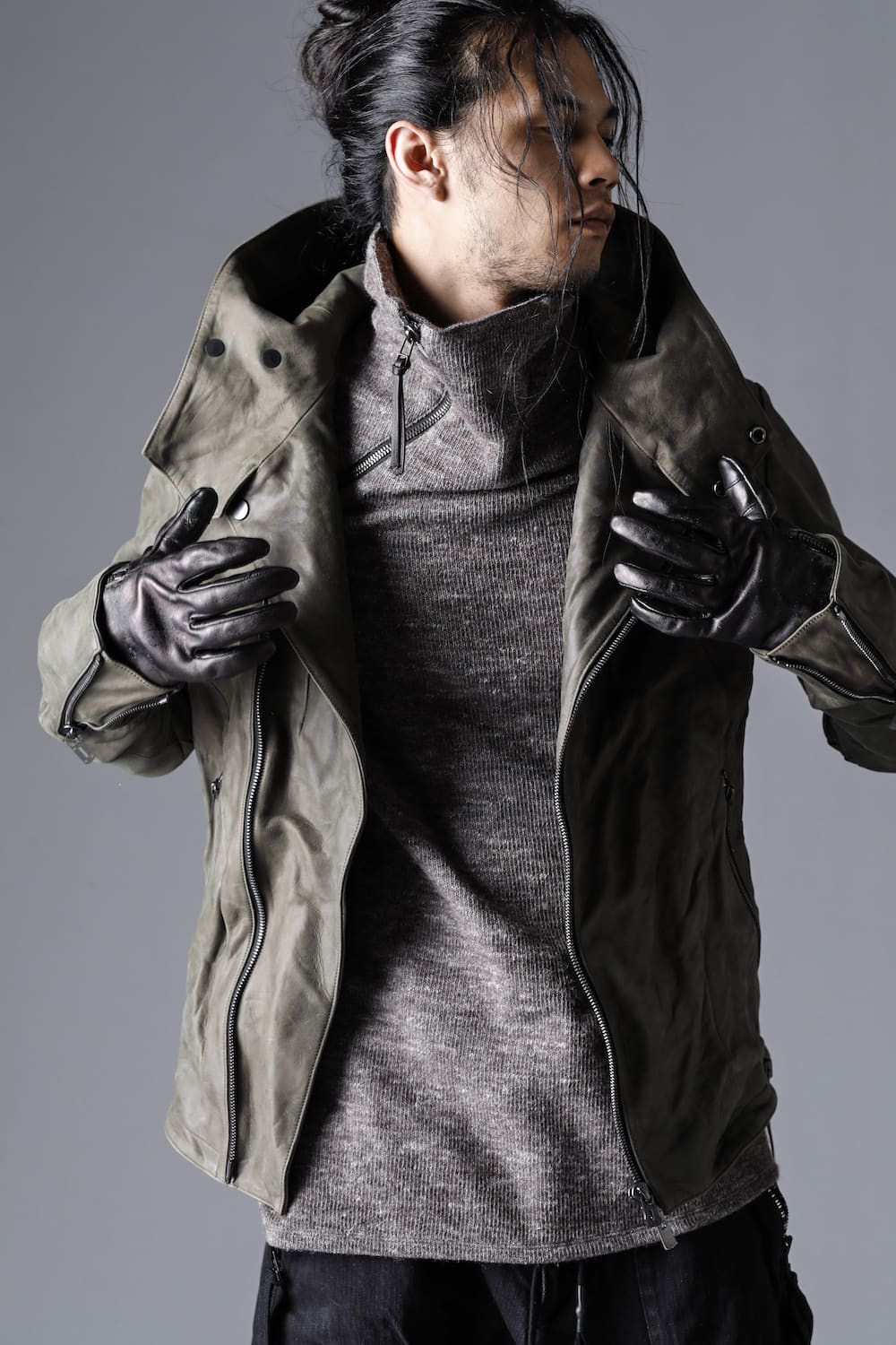 Horse Leather Hooded Double-Riders Jacket Khaki