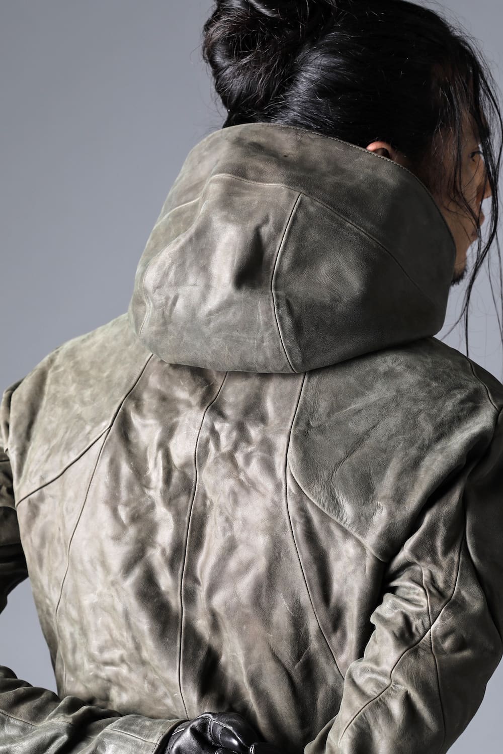 Horse Leather Hooded Double-Riders Jacket Khaki