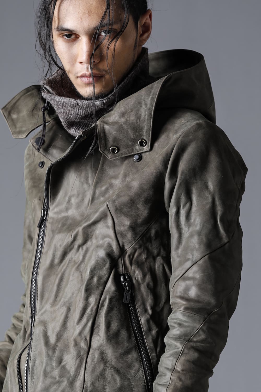 Horse Leather Hooded Double-Riders Jacket Khaki