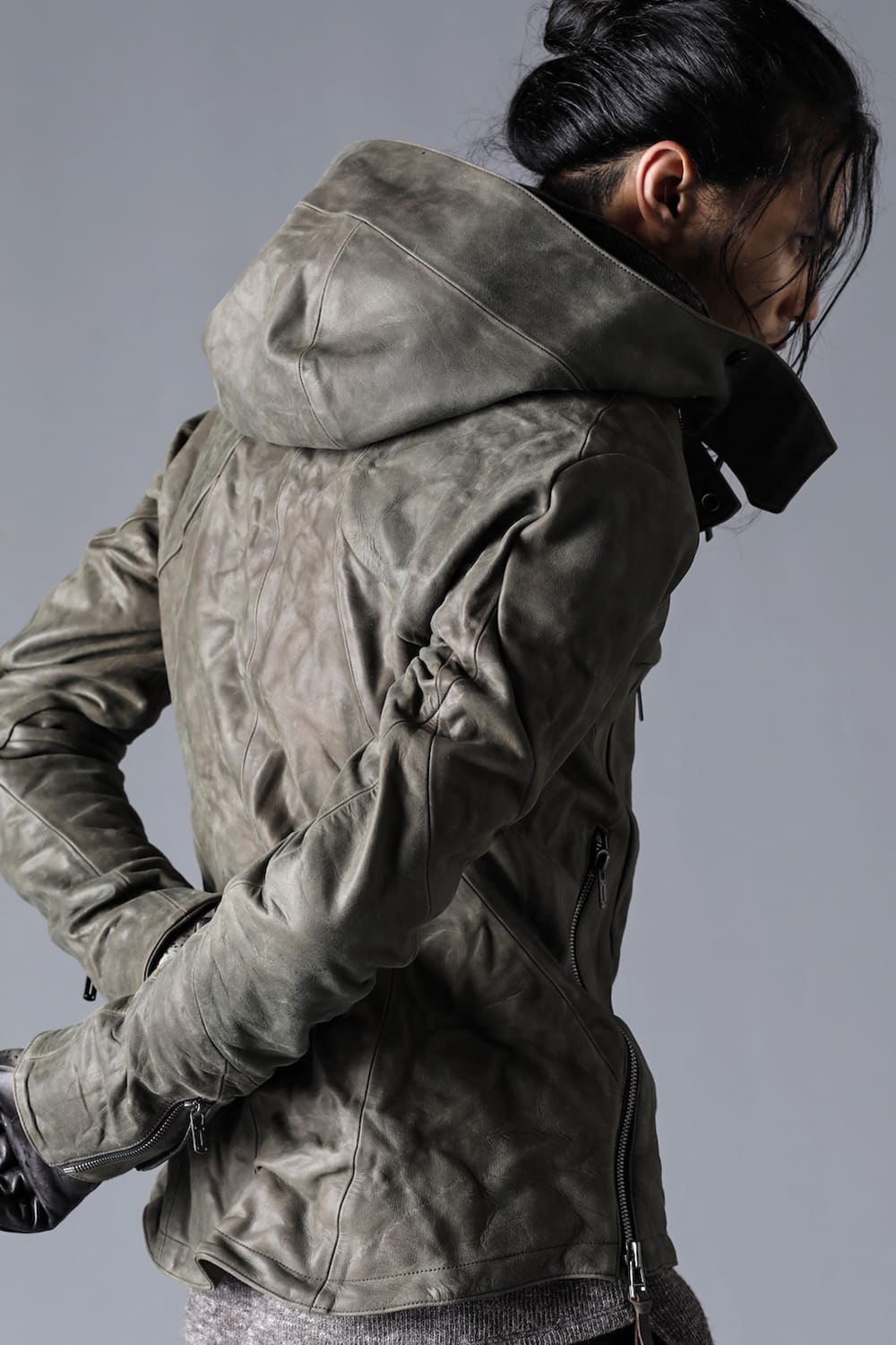 Horse Leather Hooded Double-Riders Jacket Khaki