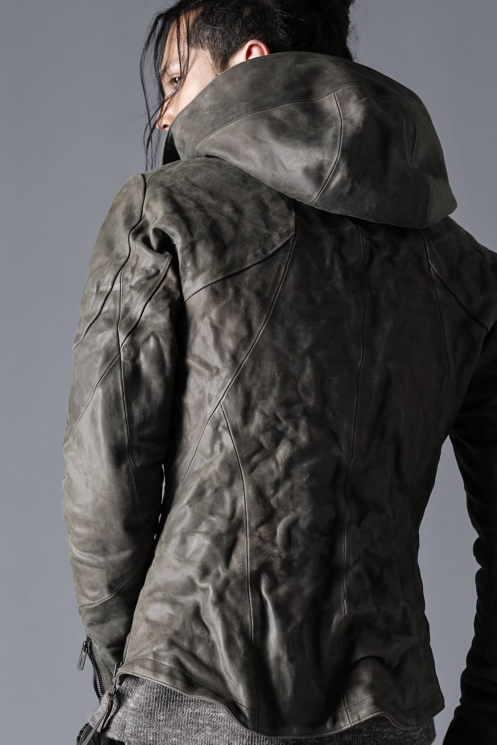 Horse Leather Hooded Double-Riders Jacket Khaki