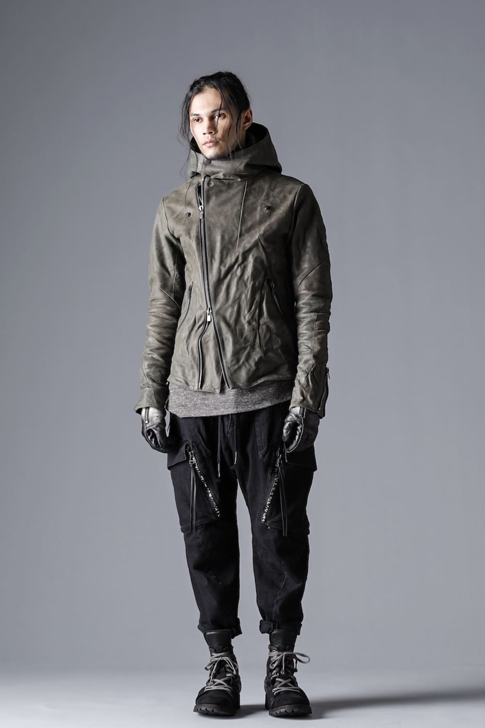 Horse Leather Hooded Double-Riders Jacket Khaki