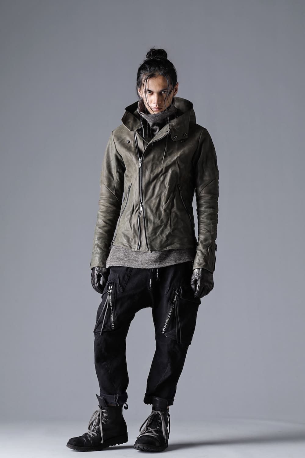 Horse Leather Hooded Double-Riders Jacket Khaki