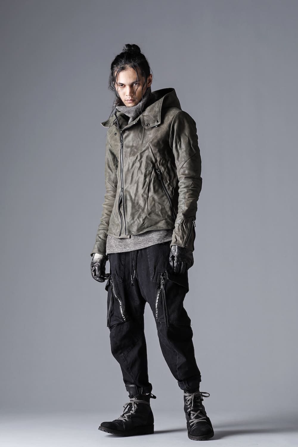 Horse Leather Hooded Double-Riders Jacket Khaki