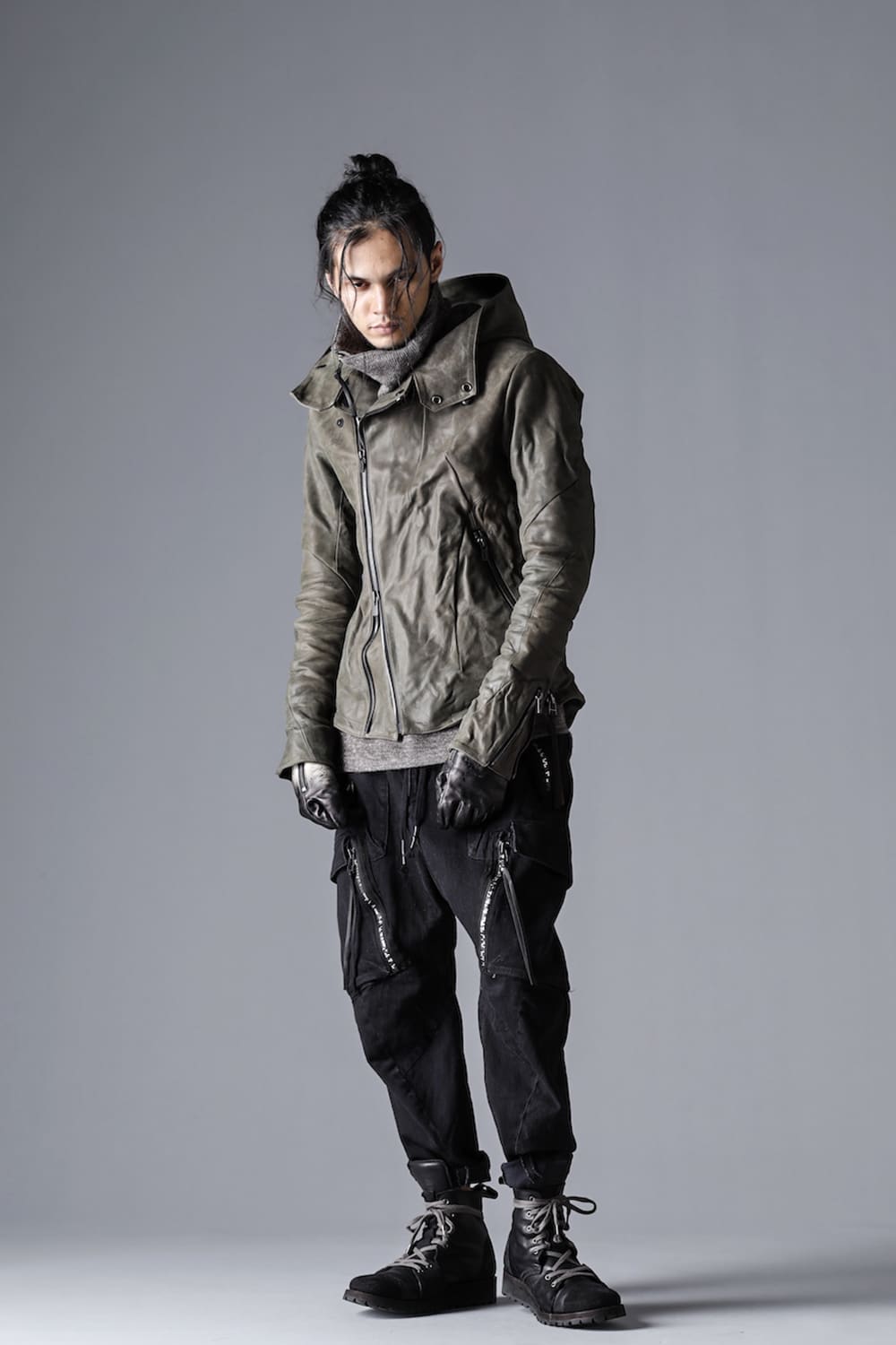 Horse Leather Hooded Double-Riders Jacket Khaki