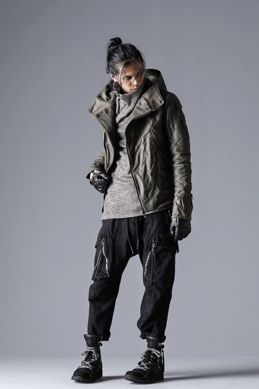 Horse Leather Hooded Double-Riders Jacket Khaki