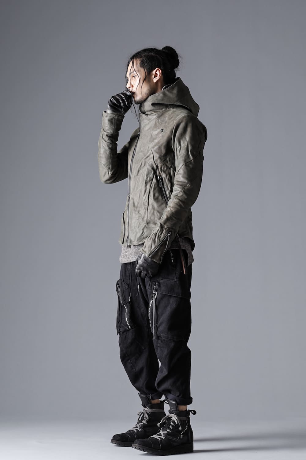 Horse Leather Hooded Double-Riders Jacket Khaki