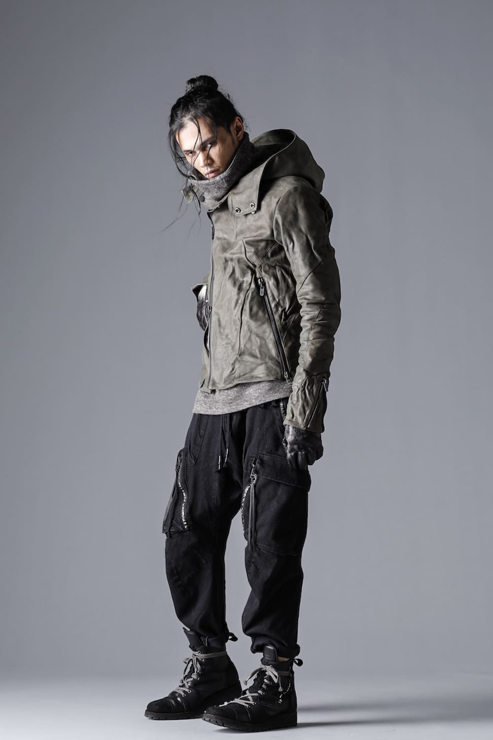 Horse Leather Hooded Double-Riders Jacket Khaki