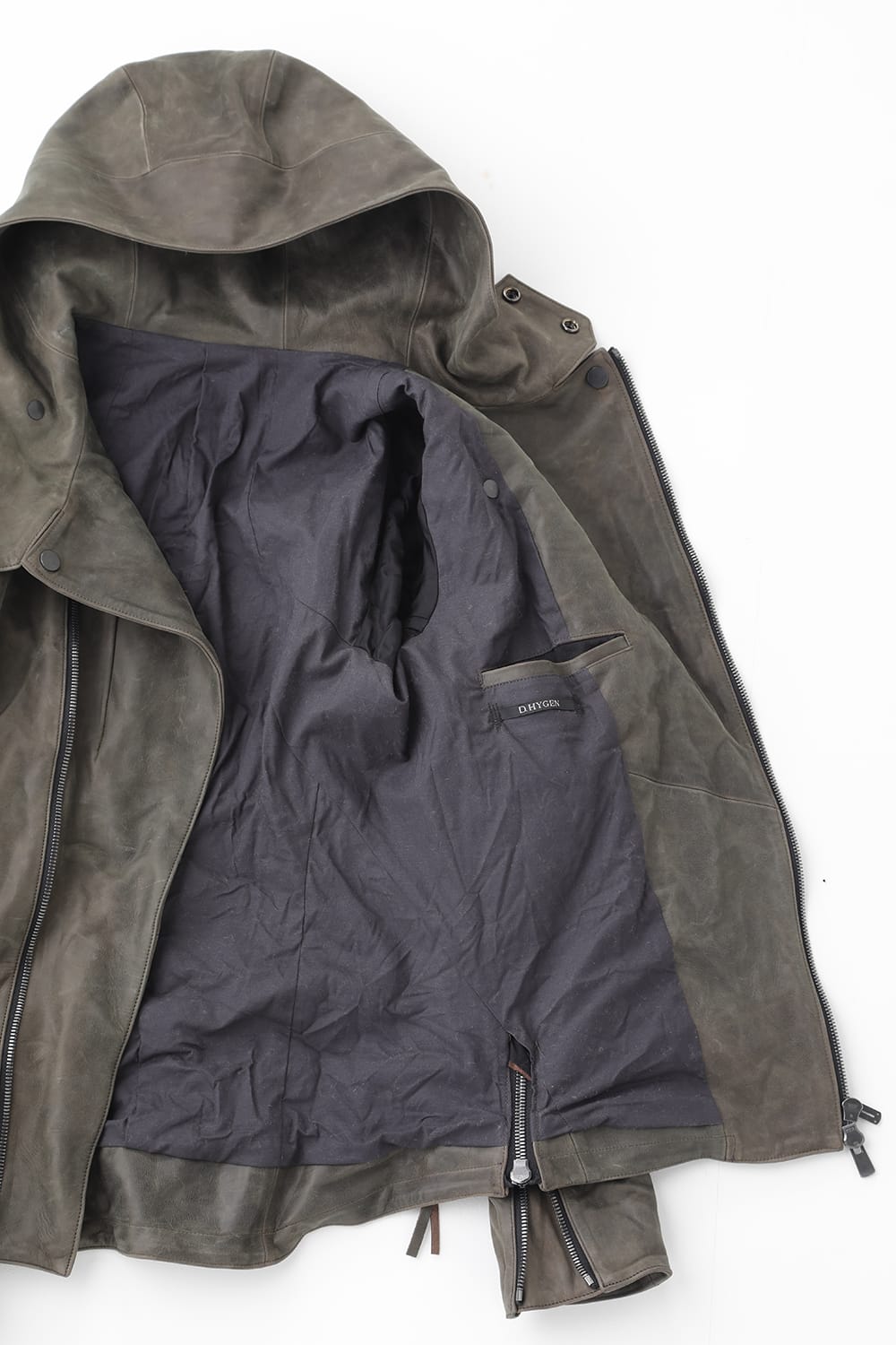 Horse Leather Hooded Double-Riders Jacket Khaki