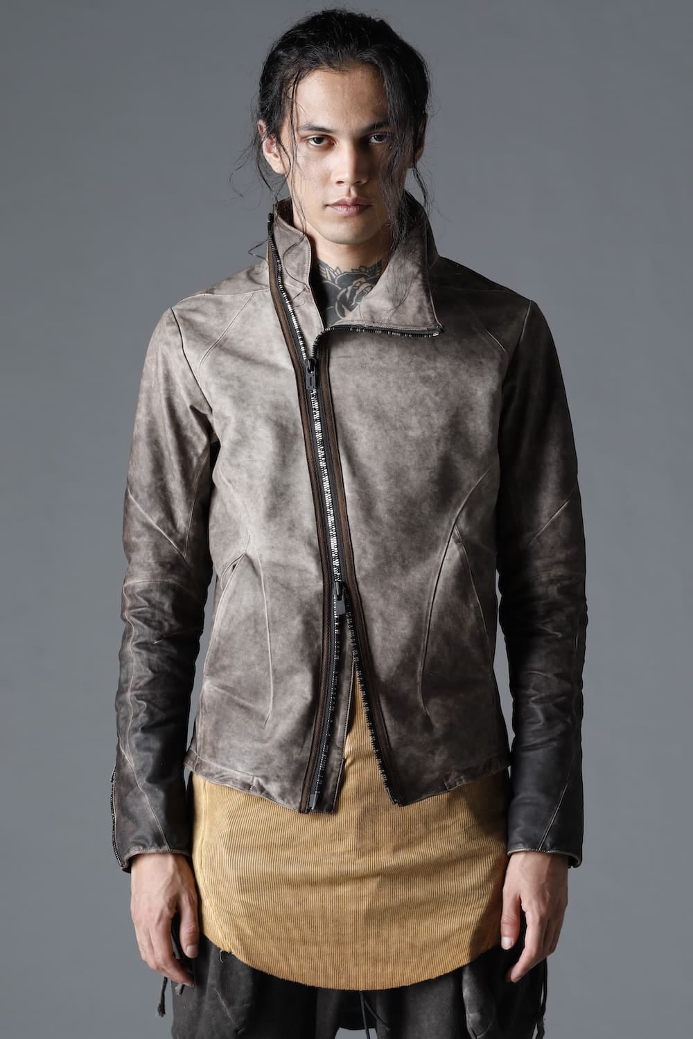 Cold Dyed Horse Leather High Neck Jacket  Charcoal