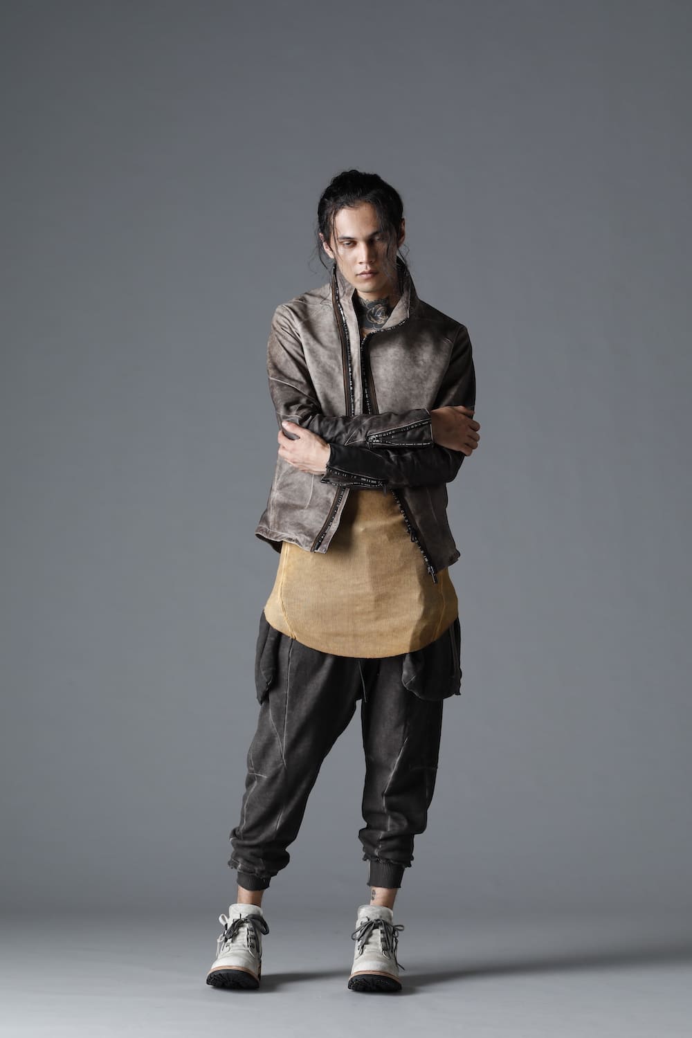 Cold Dyed Horse Leather High Neck Jacket  Charcoal