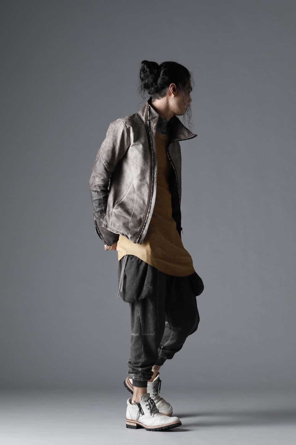 Cold Dyed Horse Leather High Neck Jacket  Charcoal