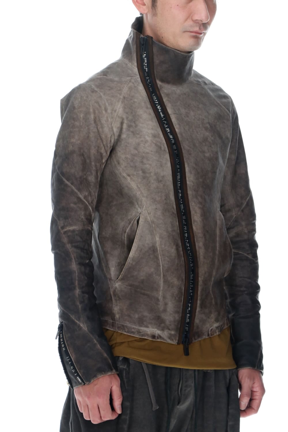 Cold Dyed Horse Leather High Neck Jacket  Charcoal