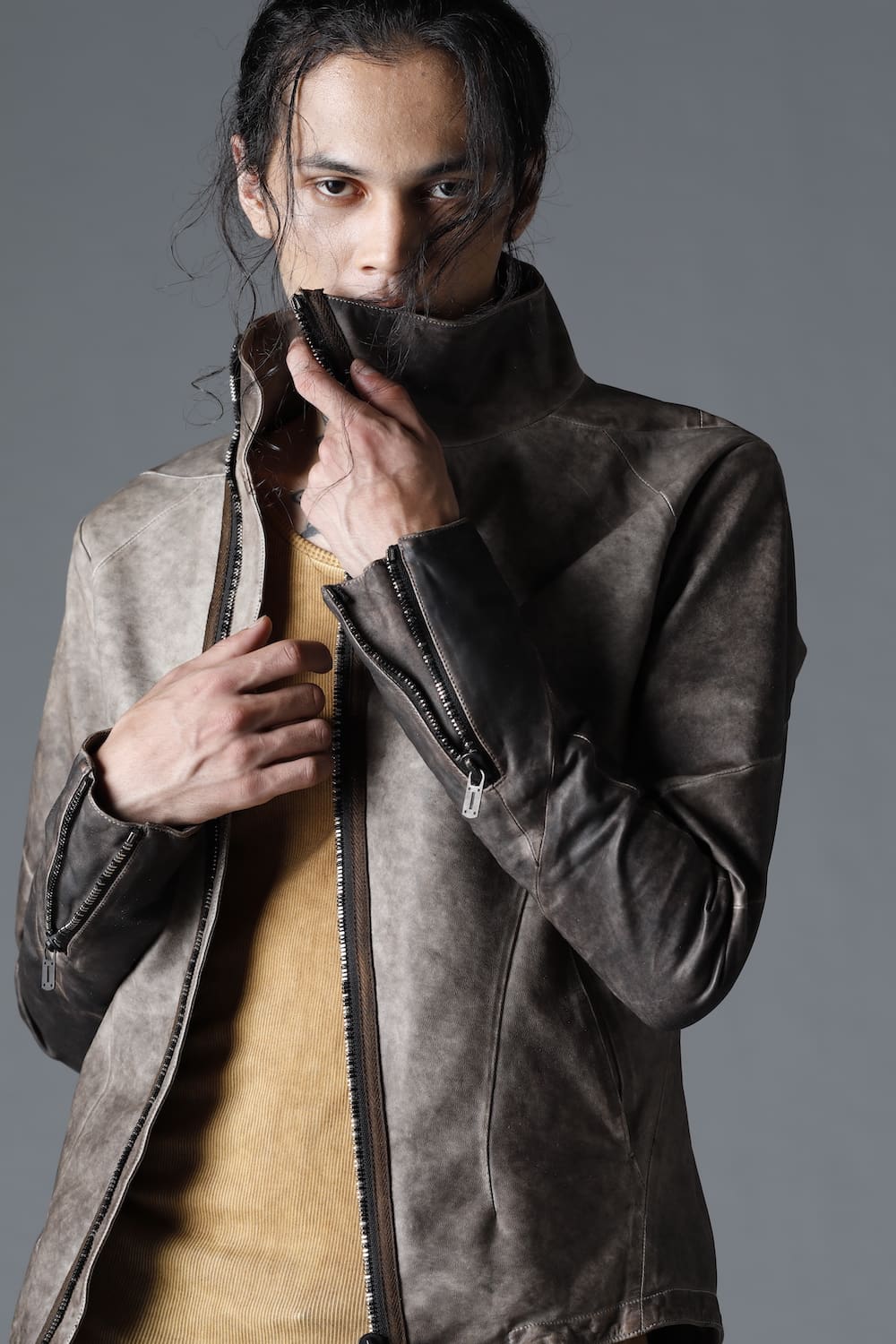 Cold Dyed Horse Leather High Neck Jacket  Charcoal