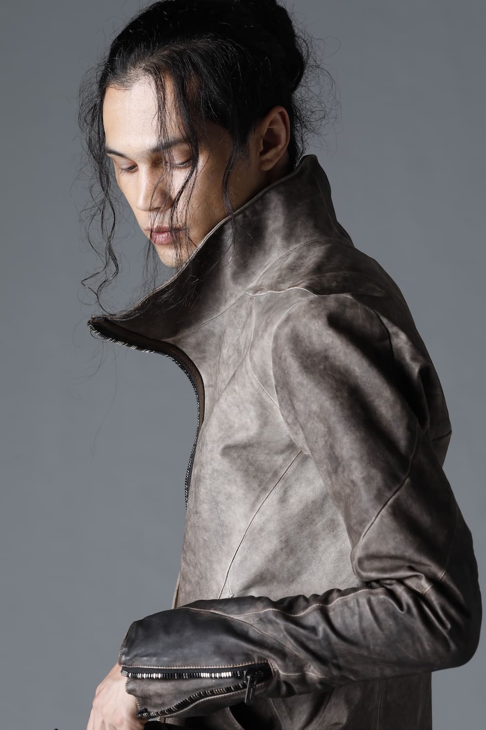 Cold Dyed Horse Leather High Neck Jacket  Charcoal