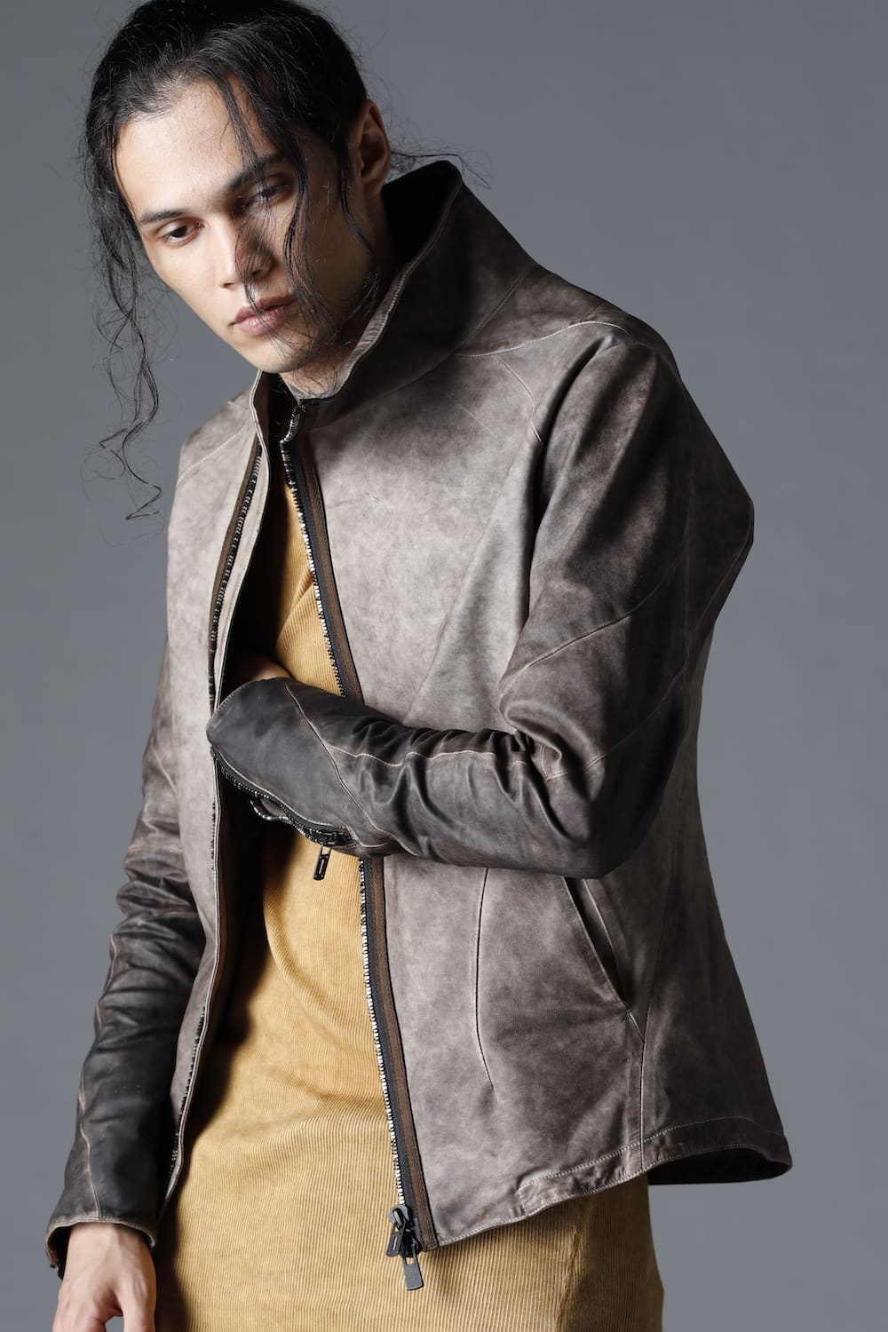 Cold Dyed Horse Leather High Neck Jacket  Charcoal